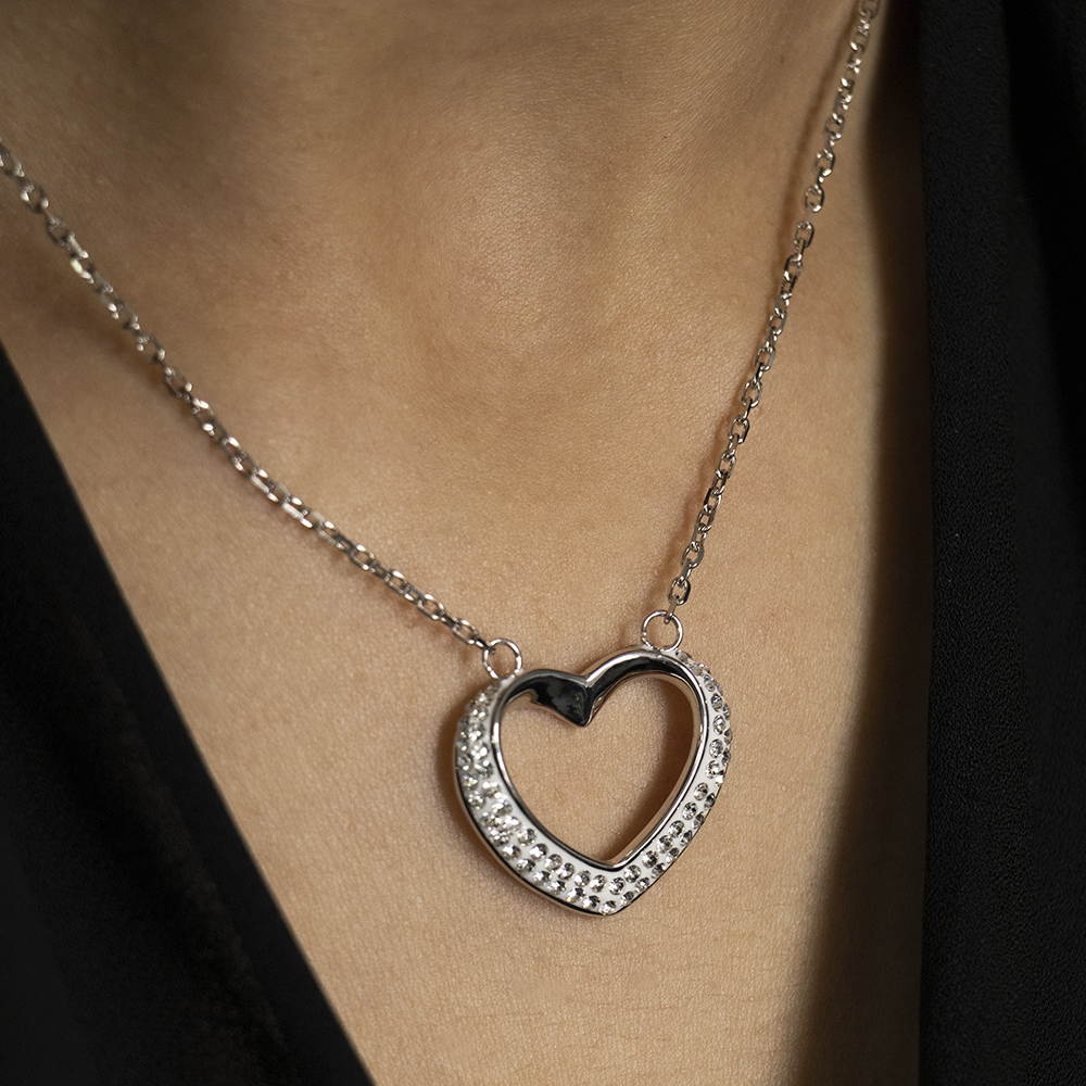 Stainless Steel Crystal Open Heart Pendant with Chain