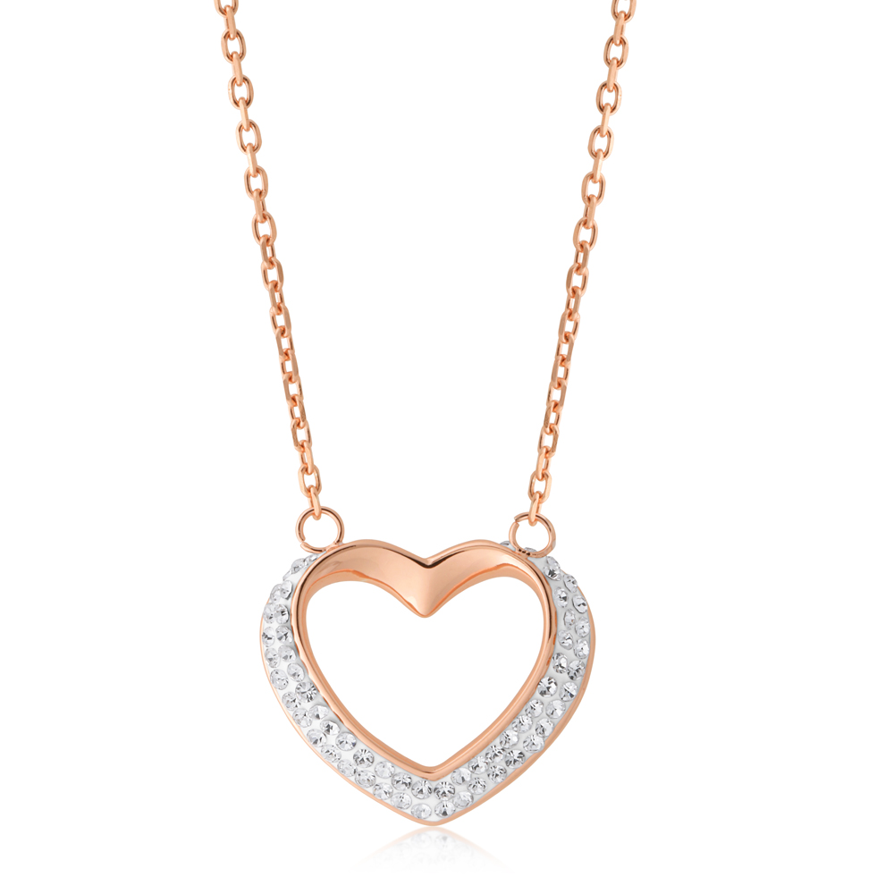 Stainless Steel Rose Gold Plated Crystal Open Heart Pendant with Chain