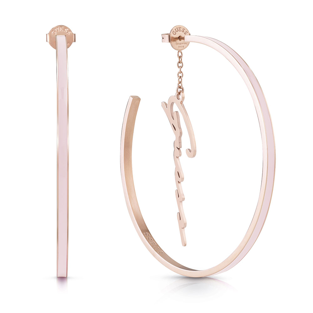 GUESS Rose Gold Plated Stainless Steel 60mm Pale Pink Enamel Hoop Earrings