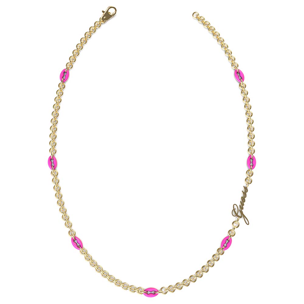 Guess Gold Plated Stainless Steel 17" Neon Pink Multi Charms Chain